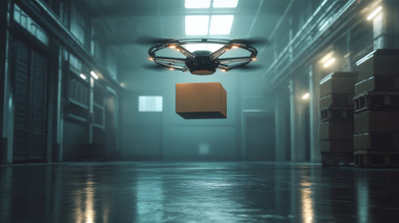 Futuristic delivery drone flying inside a well-lit warehouse, brown package secured, emphasizing robotic delivery innovationの素材