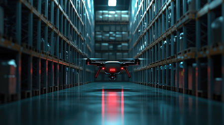 Modern delivery drones navigating through warehouse aisles, emphasizing the efficiency of autonomous delivery solutionsの素材