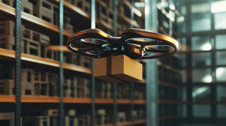 Futuristic delivery drone flying over shelves in a warehouse, transporting a brown package, emphasizing autonomous technologyの素材