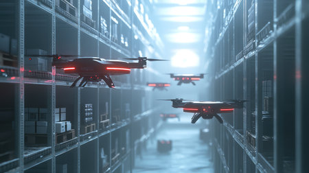 Drones hovering near parcel shelves in a warehouse, illustrating the advancements in delivery technology and roboticsの素材