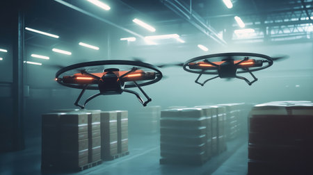 High-tech delivery drones in flight within a warehouse, highlighting the impact of robotics on logistics and package distributionの素材