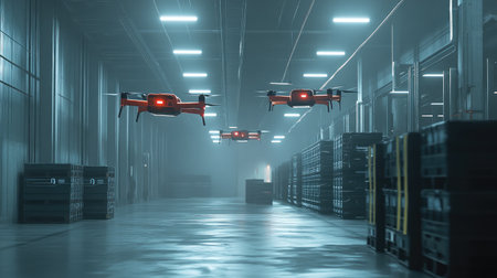High-tech delivery drones in flight within a warehouse, highlighting the impact of robotics on logistics and package distributionの素材