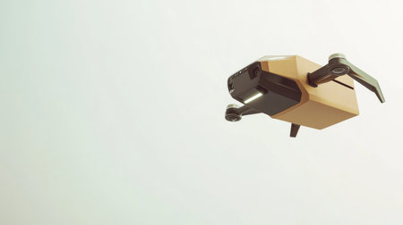 Modern delivery drone flying with a brown box against a crisp white background, representing cutting-edge autonomous roboticsの素材