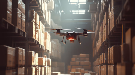 Modern drones hovering above stacked parcels in a warehouse, symbolizing innovation in package delivery and logisticsの素材