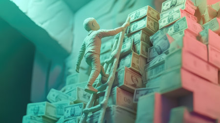 AI-crafted clay human climbing toward stacks of money at the top of a ladder, a vision of business achievement and wealthの素材