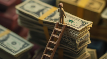 AI-crafted clay character scaling a ladder toward currency, symbolizing effort, progress, and business successの素材