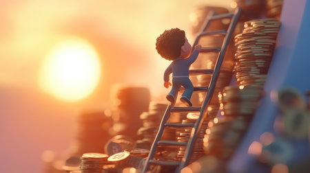 AI-crafted clay character climbing a business ladder toward money, embodying the pursuit of financial successの素材