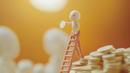 AI-crafted clay character scaling a ladder toward currency, symbolizing effort, progress, and business successの素材