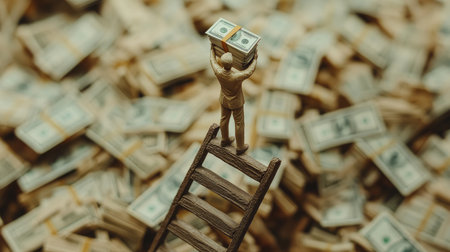 AI-crafted clay human scaling a ladder with bundles of cash atop, illustrating the journey of business and personal growthの素材
