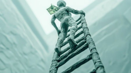 AI-designed clay human climbing a ladder with cash atop, a metaphor for striving toward business and financial successの素材