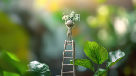 AI-generated clay human climbing a ladder with cash on top, illustrating ambition, growth, and success in businessの素材