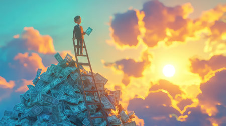 Clay human character, AI-generated, on a ladder to financial success, with cash awaiting at the peak, symbol of ambitionの素材