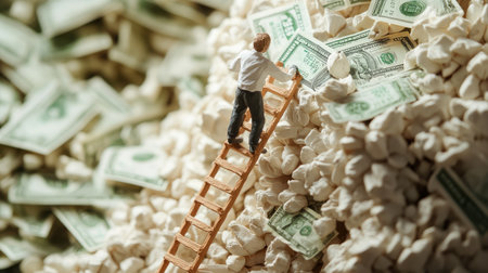 Artificial clay figure climbing toward money on a high ladder, illustrating the journey to success and business aspirationsの素材