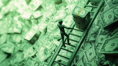 AI-modeled clay human scaling a tall ladder with bundles of cash on top, representing progress and achievement in businessの素材