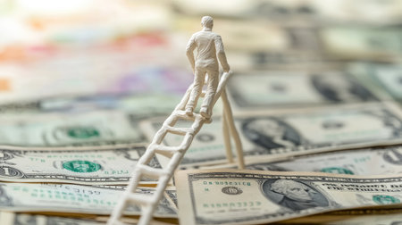 Artificial clay human climbing toward money atop a ladder, representing the path to success and financial achievementの素材