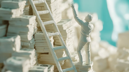 AI-modeled clay human climbing the ladder of success, reaching for stacks of money, an icon of business achievementの素材