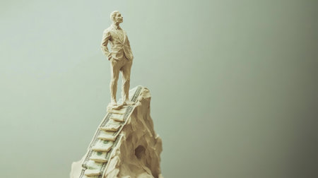 AI-sculpted clay human figure on a financial ladder, cash awaiting at the top, symbolizing ambition and achievementの素材