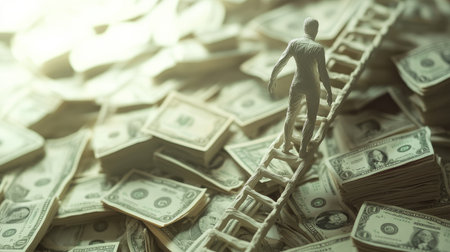 AI-crafted clay human scaling a ladder toward piles of currency, illustrating the climb to success and business growthの素材