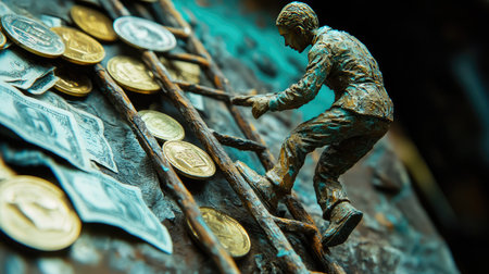 Artificially modeled clay human climbing a ladder to reach currency, symbolizing financial progress and business triumphの素材