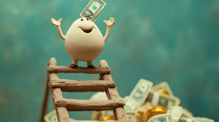 Artificially modeled clay character scaling a ladder with cash at the top, illustrating the journey to financial and business successの素材