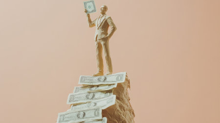 AI-sculpted clay figure ascending a financial ladder, with currency at the peak, symbolizing business triumph and effortの素材