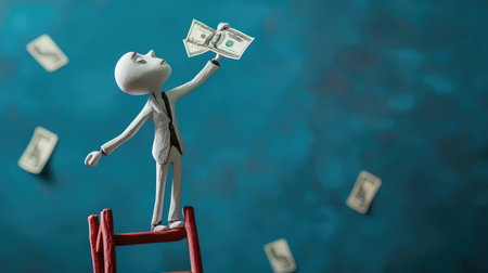 Clay figure, AI-created, reaching for money at the top of a ladder, a visual metaphor for striving in business and financeの素材
