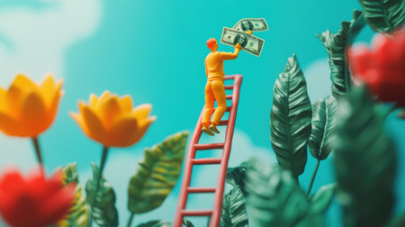 AI-generated clay human climbing a ladder with cash on top, illustrating ambition, growth, and success in businessの素材