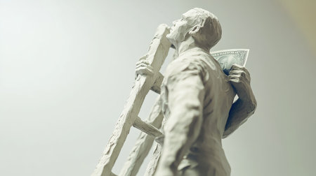 Artificially modeled clay human climbing a ladder to reach currency, symbolizing financial progress and business triumphの素材