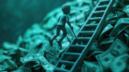 Artificially generated clay character climbing a ladder toward a pile of cash, a representation of achievement and business dreamsの素材