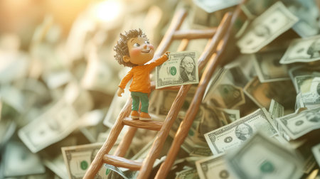 Artificially generated clay character climbing a ladder of achievement, with money at the summit, representing progressの素材