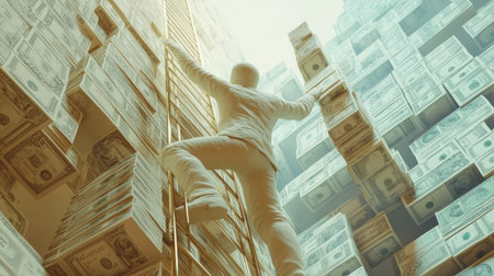An AI-generated clay human ascending a business ladder, reaching for stacks of currency, visualizing career advancementの素材
