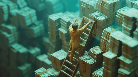 An AI-generated clay human ascending a business ladder, reaching for stacks of currency, visualizing career advancementの素材