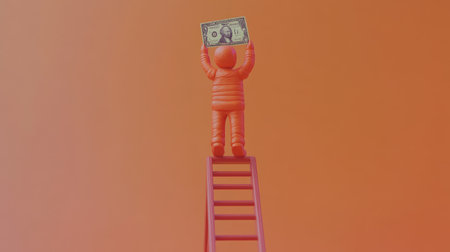 Clay figure, AI-modeled, ascending a ladder toward monetary success, with currency at the top, symbolizing growth and progressの素材