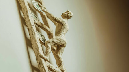 Clay figure, AI-created, reaching for money at the top of a ladder, a visual metaphor for striving in business and financeの素材