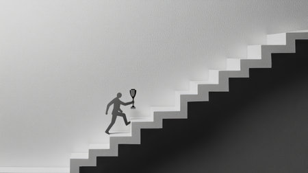 Paper man climbing a staircase toward a trophy, representing dedication, progress, and business achievementの素材