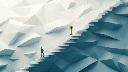 Abstract paper human ascending stairs to reach a trophy at the top, symbolizing growth, success, and ambitionの素材