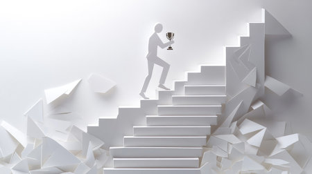 Abstract paper character climbing stairs toward a trophy, a vision of ambition, hard work, and business successの素材