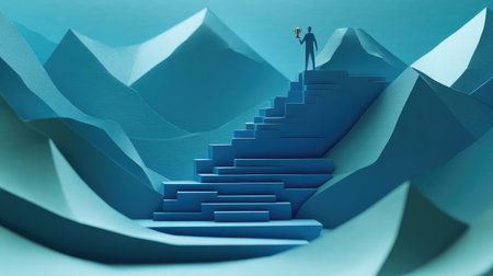 Minimalist paper human scaling steps to reach a trophy at the summit, a vision of ambition and professional progressの素材