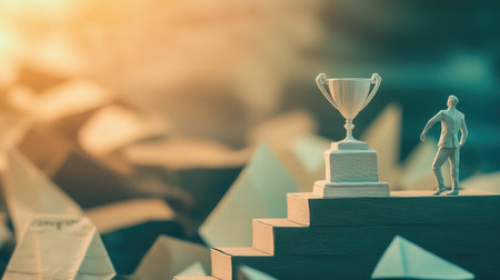 Paper man figure scaling a set of steps to a trophy, representing professional ambition and achievementの素材