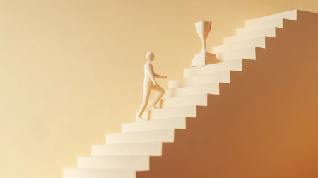 Minimalist paper man climbing stairs toward a trophy, a metaphor for dedication, progress, and business successの素材