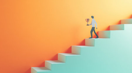 Minimalist paper figure climbing stairs to reach a trophy, representing business goals and career achievementの素材