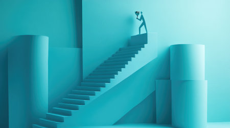 Minimalist paper figure climbing stairs to reach a trophy, representing business goals and career achievementの素材