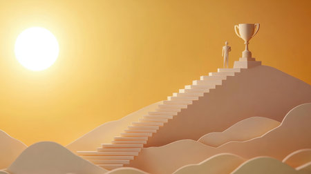 Abstract paper man figure ascending stairs with a trophy at the peak, a symbol of success, ambition, and growthの素材
