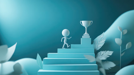 Paper character walking up steps toward a trophy, a metaphor for perseverance, growth, and career successの素材