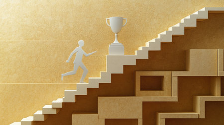 Paper cut-out human scaling a set of stairs with a trophy waiting above, symbolizing ambition and professional triumphの素材