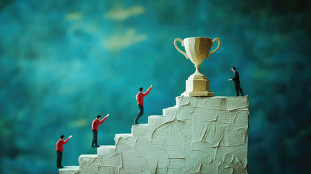Abstract paper human figure ascending steps to a trophy, symbolizing perseverance, success, and business goalsの素材