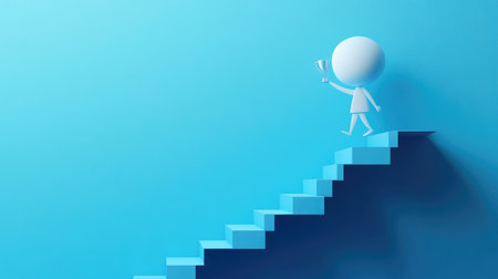 Paper cut-out character walking up stairs with a trophy waiting above, representing business triumph and growthの素材