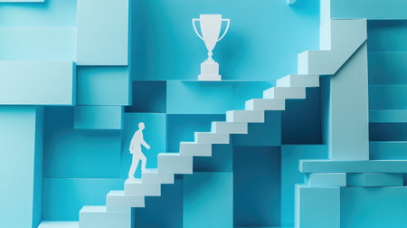 Paper cut-out human scaling a staircase with a trophy waiting above, symbolizing business achievement and personal triumphの素材
