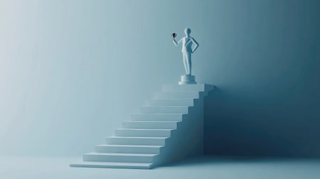 Minimalist paper man ascending steps with a trophy at the top, a vision of achievement and business growthの素材