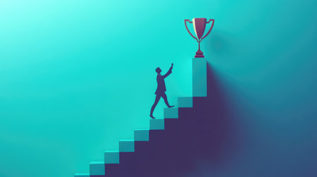 Minimalist paper human climbing stairs with a trophy above, symbolizing business success, personal goals, and growthの素材